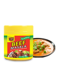 Beef Masala spice seasoning packet with a bowl of food on a white background
