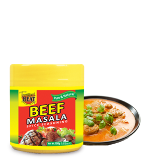 Beef Masala spice seasoning packet with a bowl of food on a white background